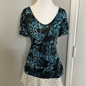 Black & Teal Floral V-Neck Sheer Top‎ Blouse Patterned Elegant